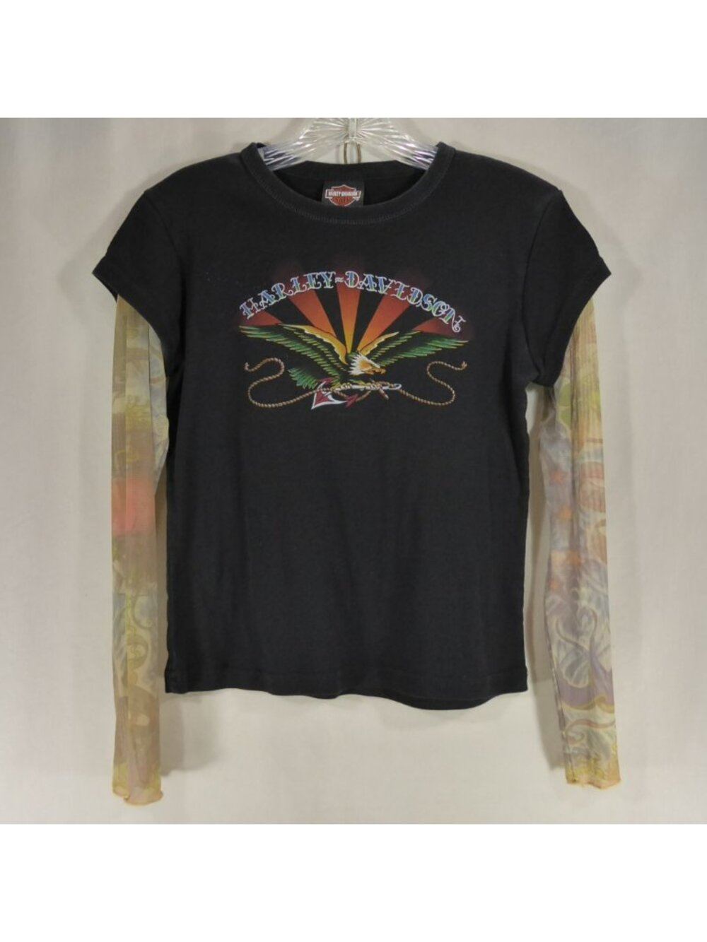 Harley Davidson Womens S Tattoo Mesh Sleeve Shirt Eagle New Castle PA Y2K Biker